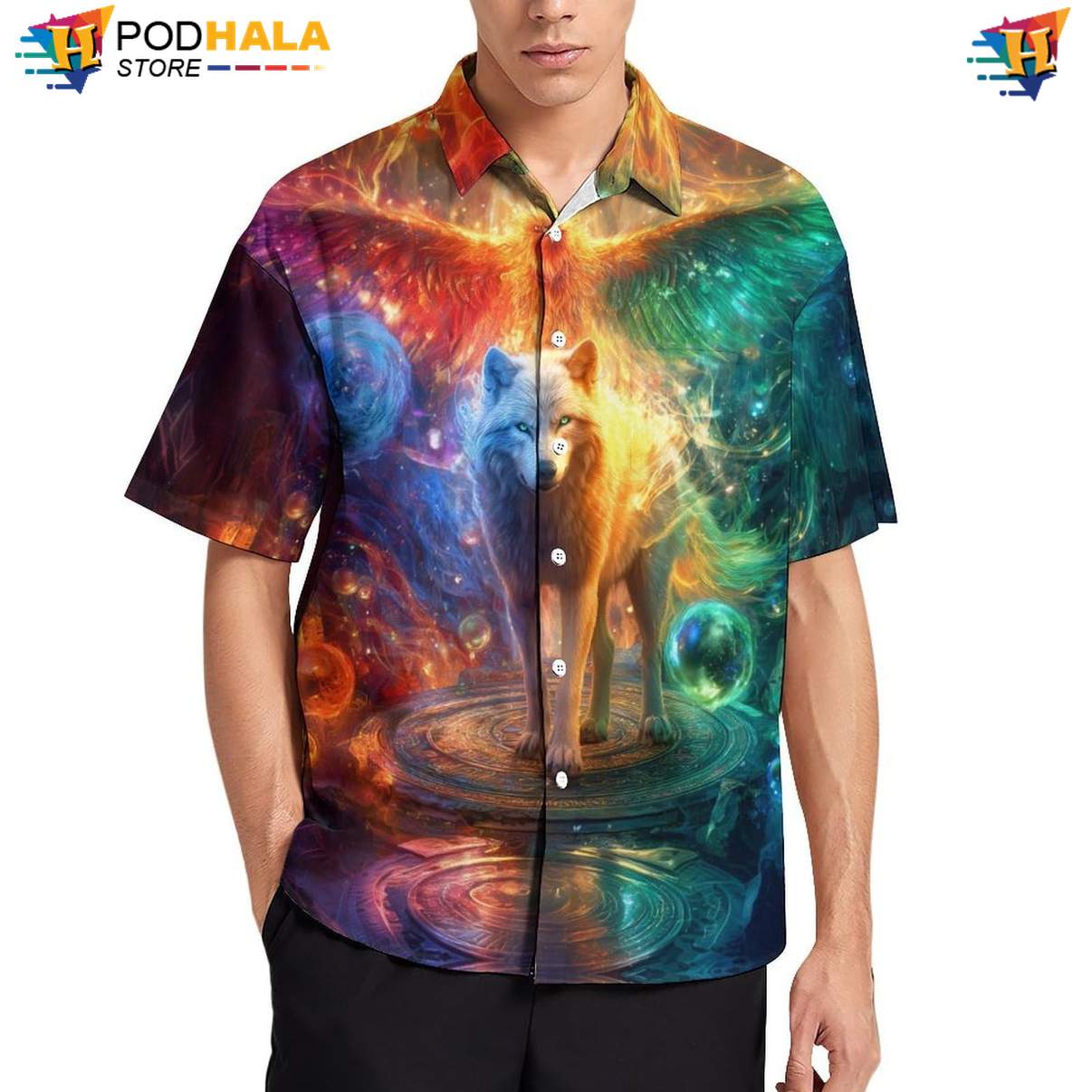 Phoenix Wing Wolf Aloha Shirt Mens Cool Print Casual Graphic Beachwear Top