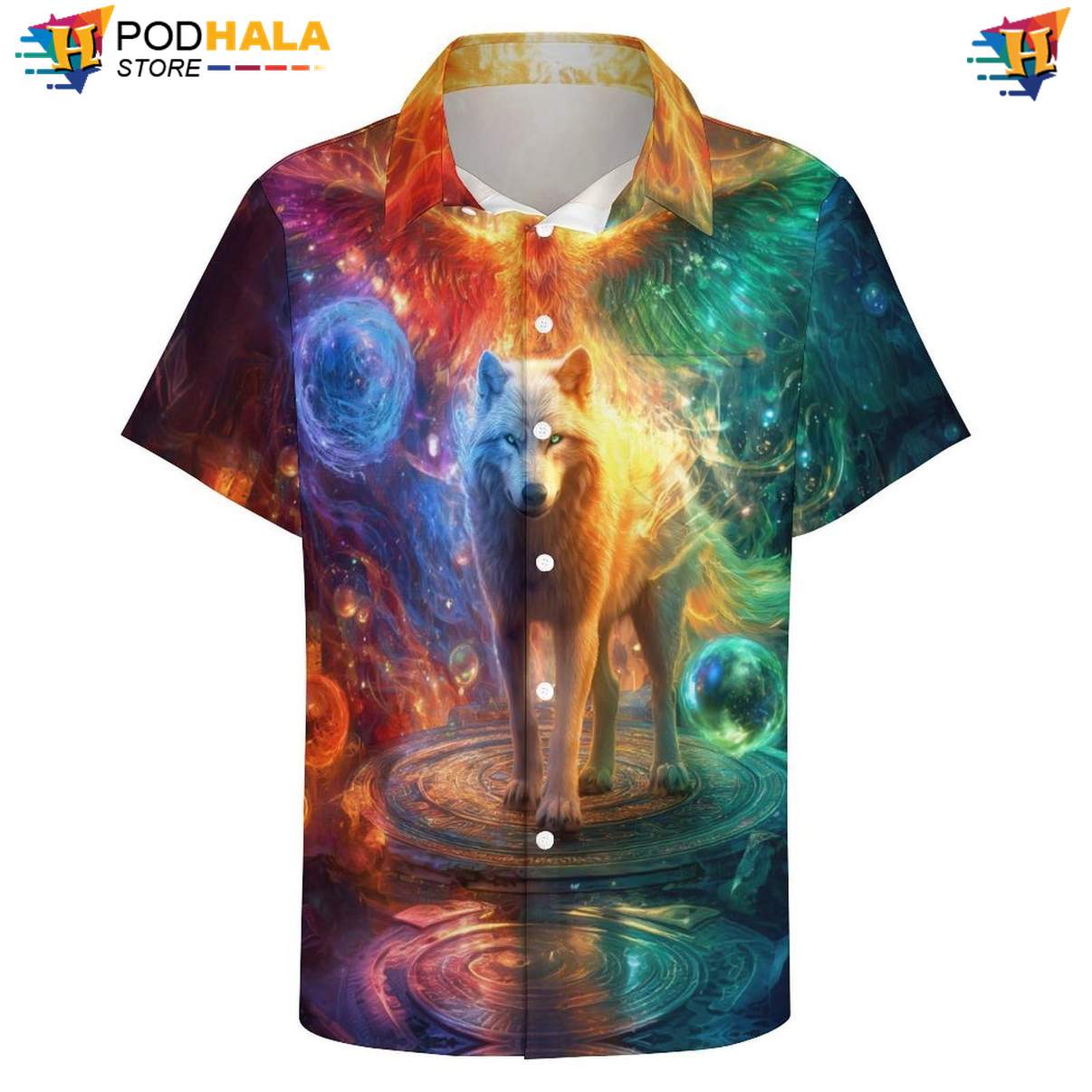 Phoenix Wing Wolf Short-sleeve button-up shirt Mens Cool Print Casual Graphic Beachwear Top Phoenix Wing Wolf Short-sleeve button-up shirt Mens Cool Print Casual Graphic Beachwear Top