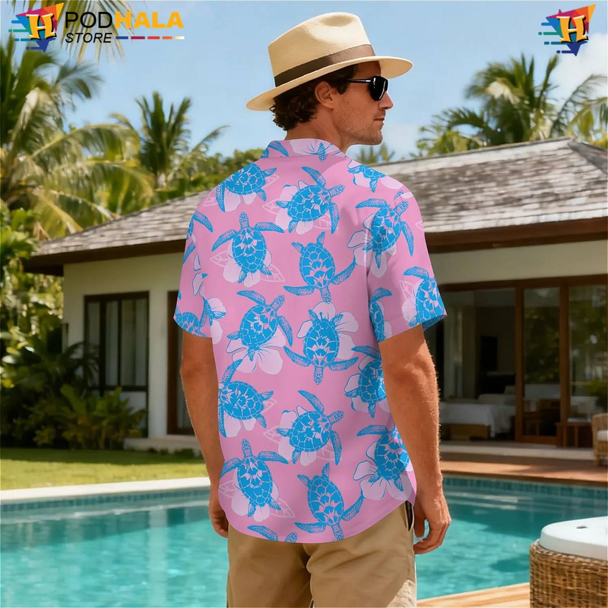 Pink Blue Turtles Short-sleeve button-up shirt Mens Island Vibe Clothing Vacation Outfit Pink Blue Turtles Short-sleeve button-up shirt Mens Island Vibe Clothing Vacation Outfit