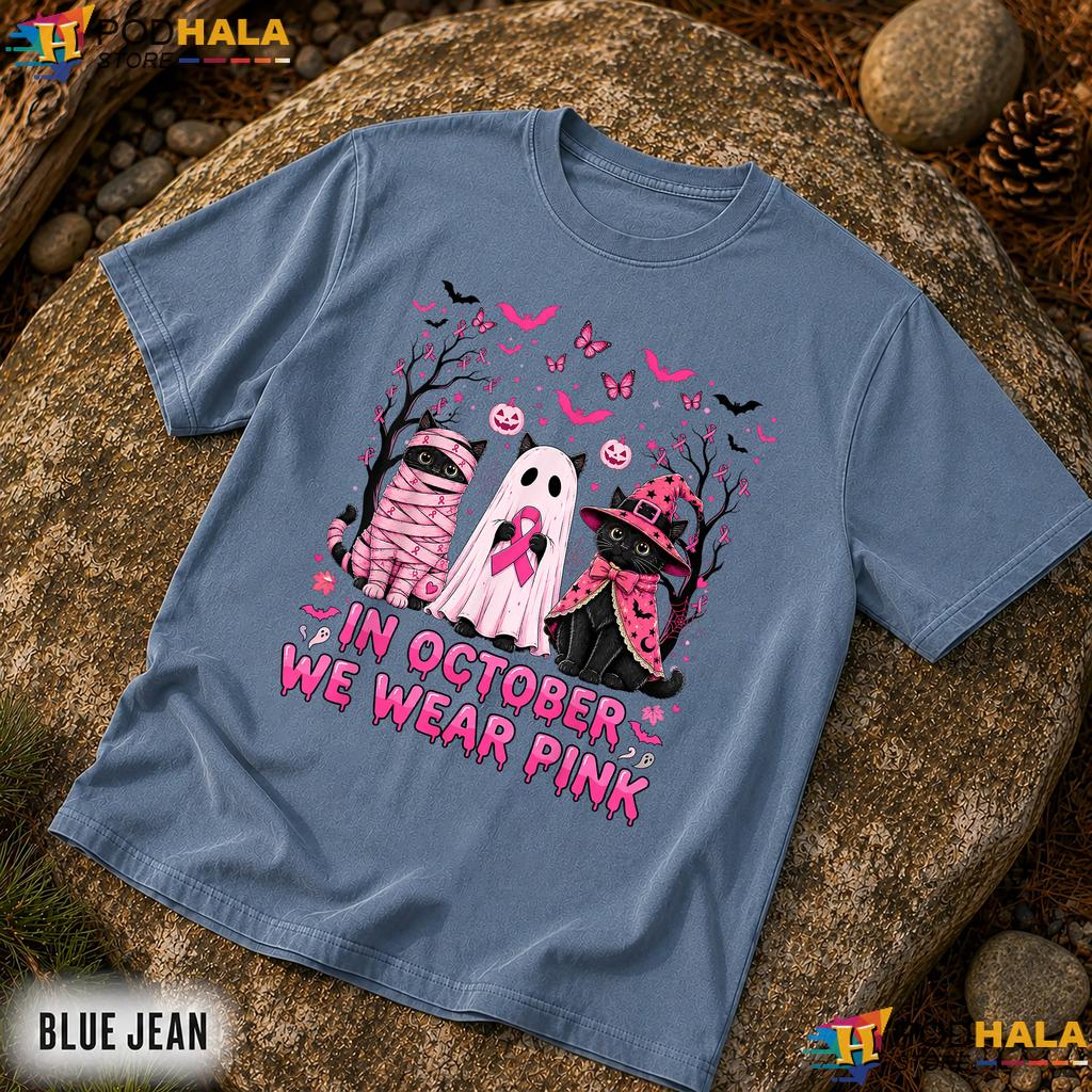 Pink Cat Ghosts Breast Cancer Comfort Colors T-Shirt October Halloween