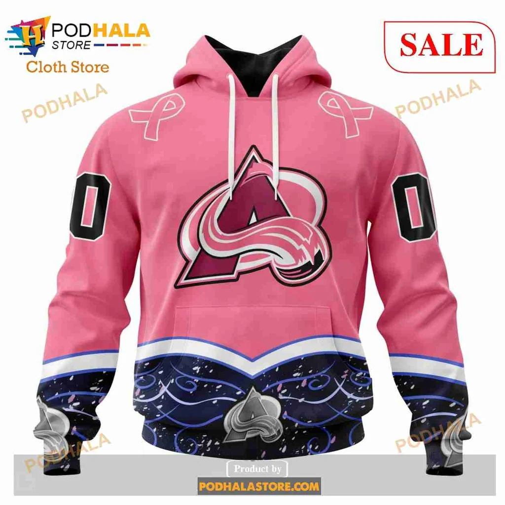 Pink Colorado Avalanche Cancer Awareness Hoodie With Ribbons And Logo