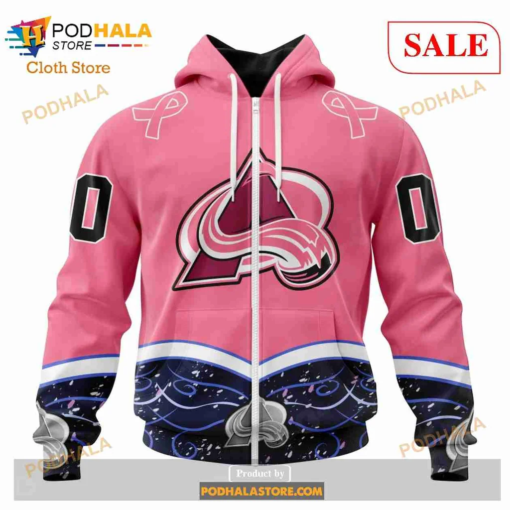Pink Colorado Avalanche Cancer Awareness Hoodie With Ribbons And Logo - View 1 Pink Colorado Avalanche Cancer Awareness Hoodie With Ribbons And Logo - View 1