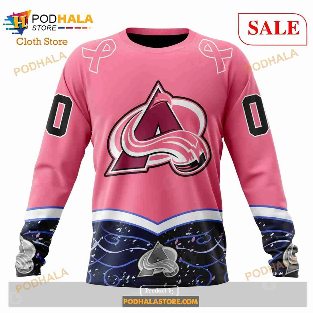 Pink Colorado Avalanche Cancer Awareness Hoodie With Ribbons And Logo - View 3 Pink Colorado Avalanche Cancer Awareness Hoodie With Ribbons And Logo - View 3
