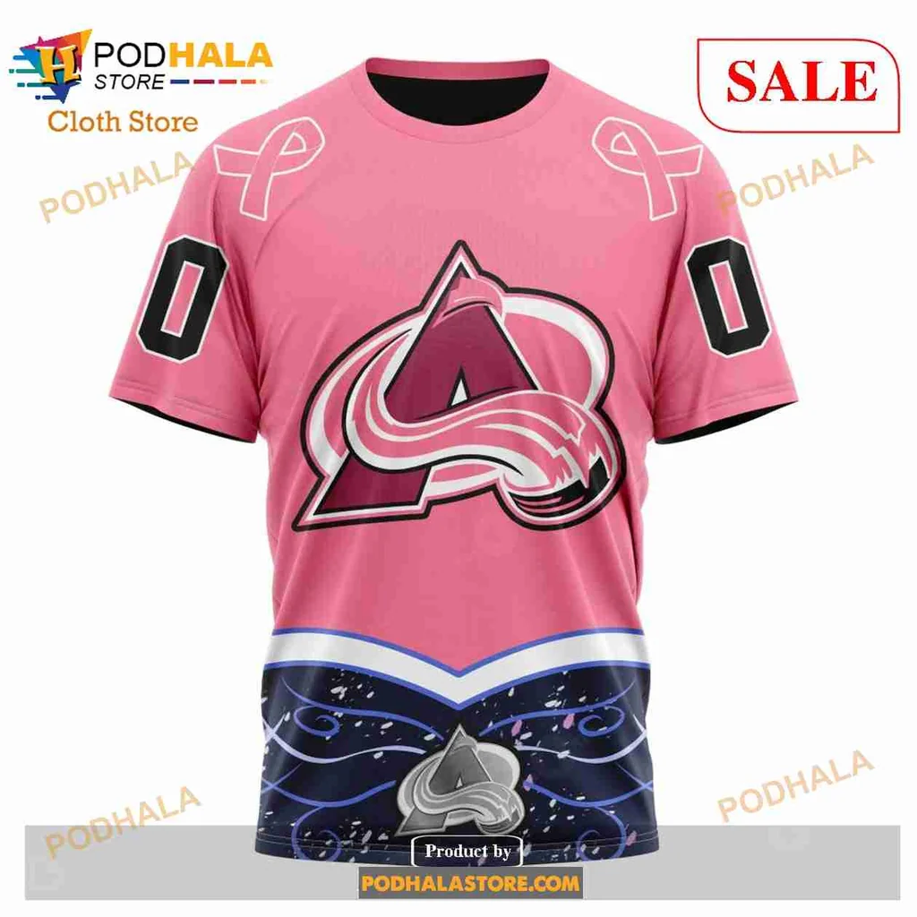 Pink Colorado Avalanche Cancer Awareness Hoodie With Ribbons And Logo - Product View 6 Pink Colorado Avalanche Cancer Awareness Hoodie With Ribbons And Logo - Product View 6