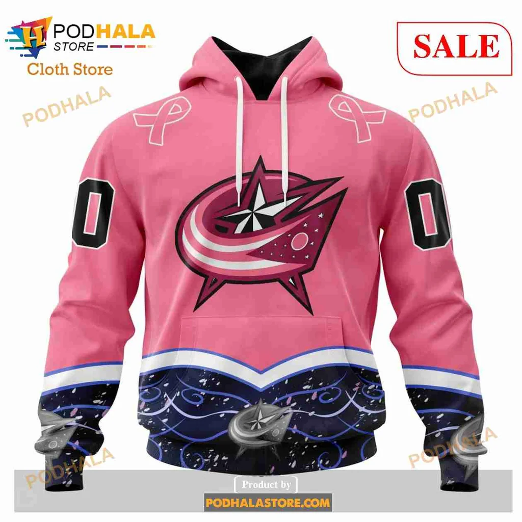 Pink Columbus Blue Jackets Cancer Awareness Hoodie With Ribbons And Logo