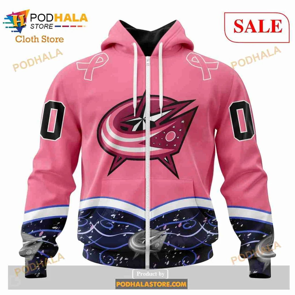 Pink Columbus Blue Jackets Cancer Awareness Hoodie With Ribbons And Logo - View 1 Pink Columbus Blue Jackets Cancer Awareness Hoodie With Ribbons And Logo - View 1