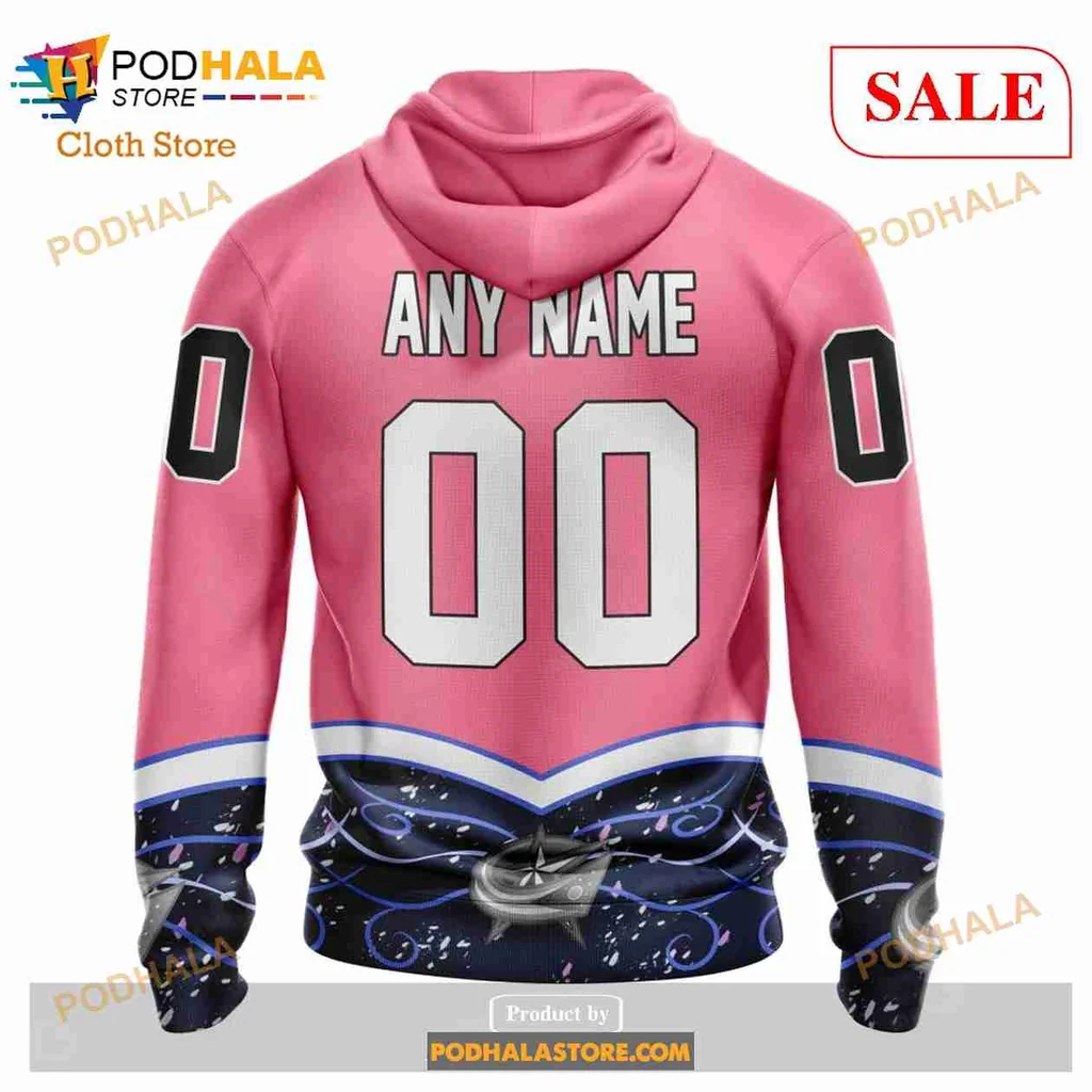 Pink Columbus Blue Jackets Cancer Awareness Hoodie With Ribbons And Logo - View 2 Pink Columbus Blue Jackets Cancer Awareness Hoodie With Ribbons And Logo - View 2