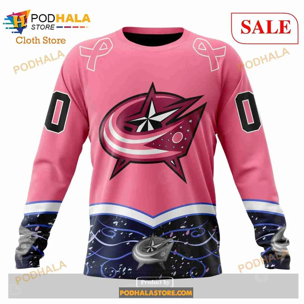 Pink Columbus Blue Jackets Cancer Awareness Hoodie With Ribbons And Logo - View 3 Pink Columbus Blue Jackets Cancer Awareness Hoodie With Ribbons And Logo - View 3