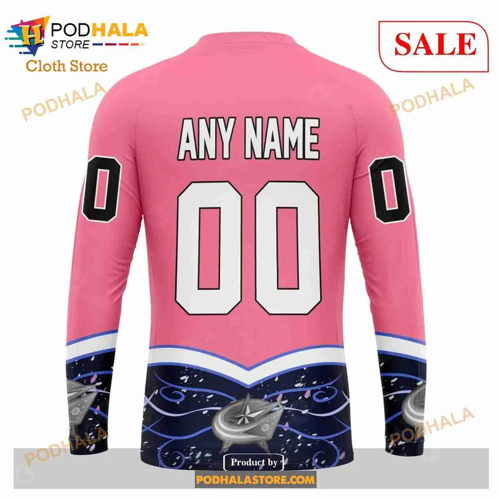 Pink Columbus Blue Jackets Cancer Awareness Hoodie With Ribbons And Logo - Product View 5 Pink Columbus Blue Jackets Cancer Awareness Hoodie With Ribbons And Logo - Product View 5