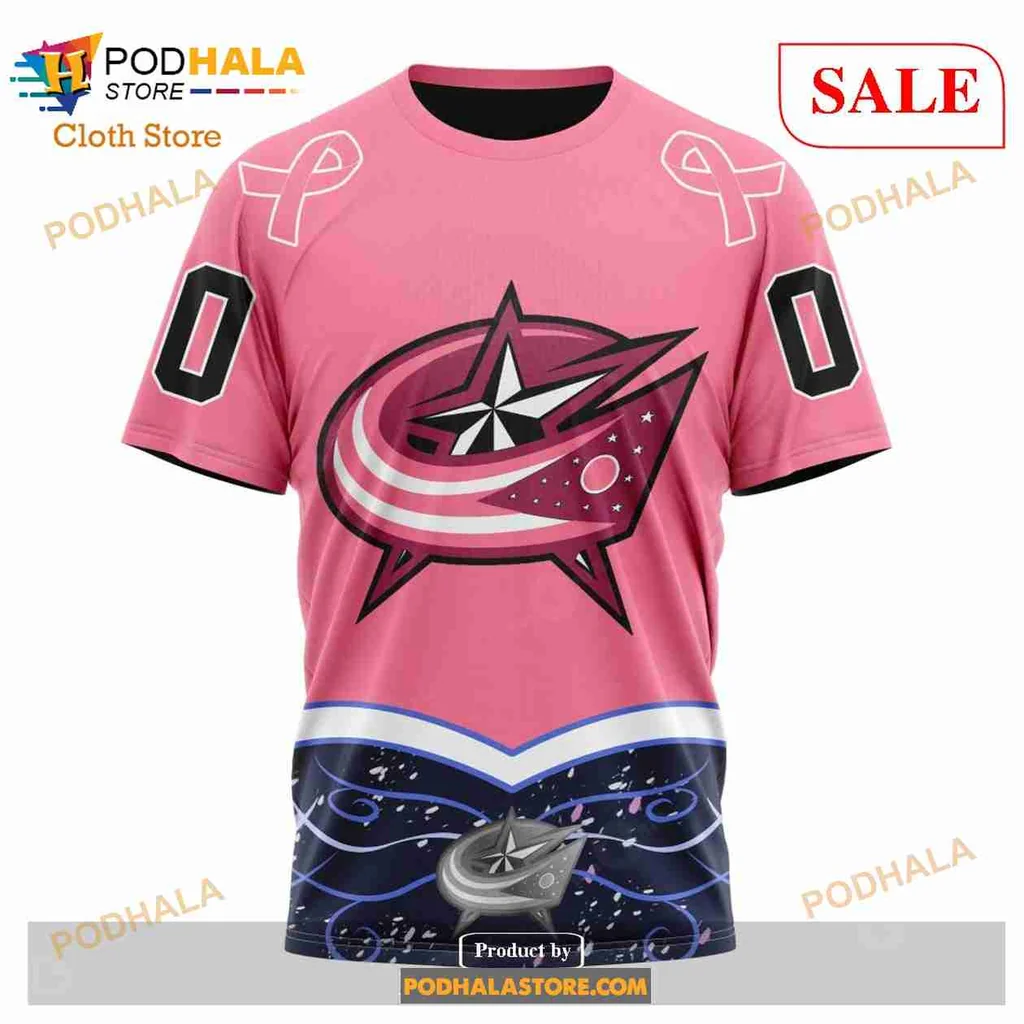 Pink Columbus Blue Jackets Cancer Awareness Hoodie With Ribbons And Logo - Product View 6 Pink Columbus Blue Jackets Cancer Awareness Hoodie With Ribbons And Logo - Product View 6