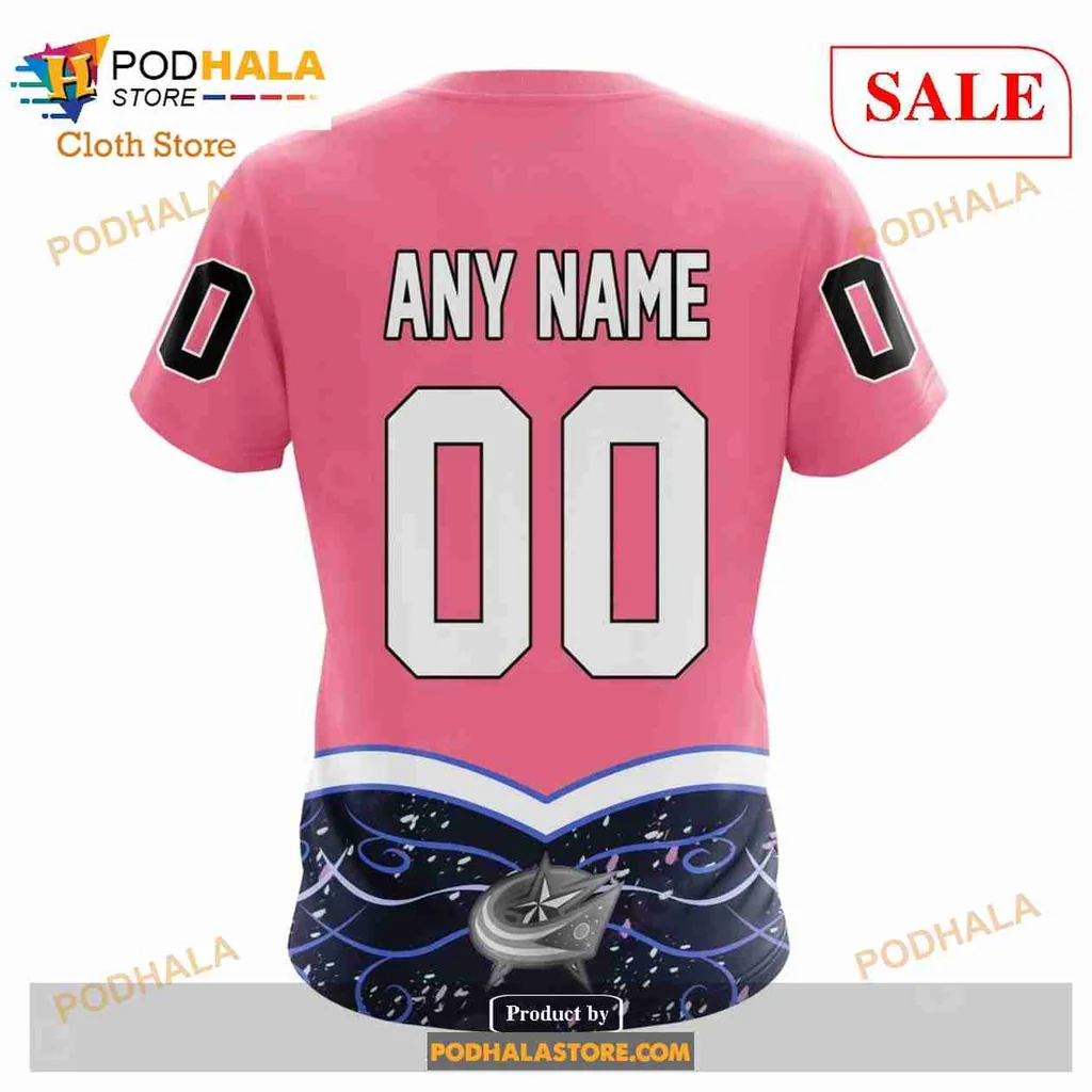 Pink Columbus Blue Jackets Cancer Awareness Hoodie With Ribbons And Logo - Product View 7 Pink Columbus Blue Jackets Cancer Awareness Hoodie With Ribbons And Logo - Product View 7