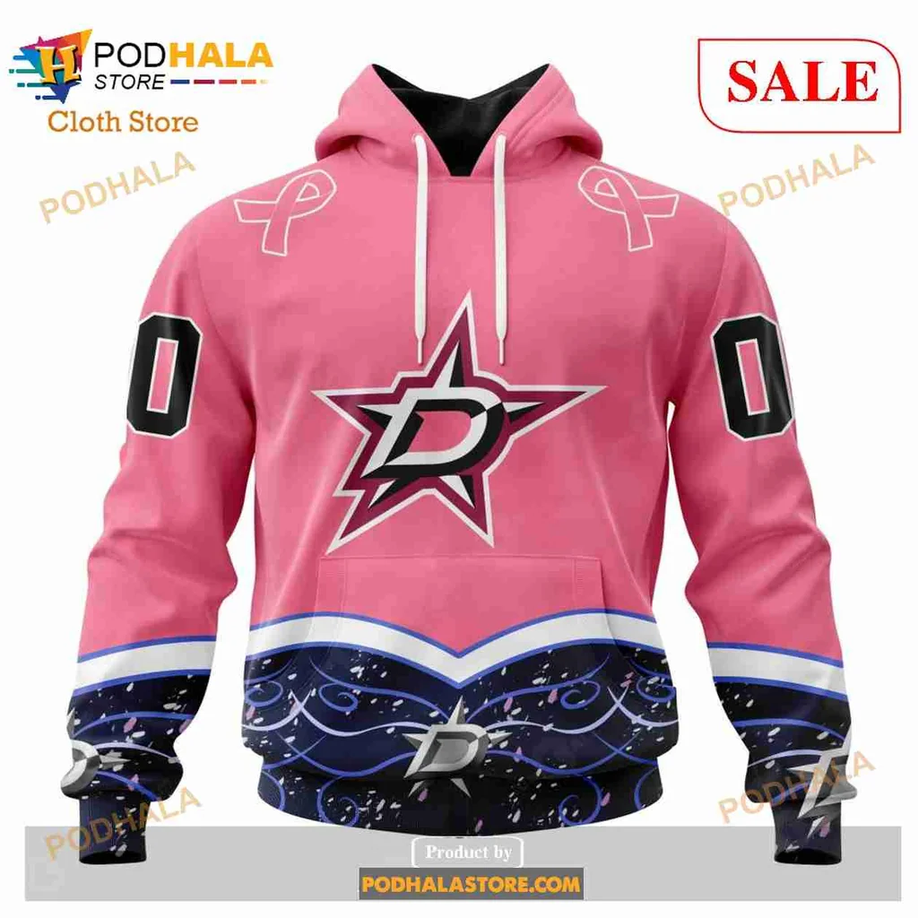 Pink Dallas Stars Cancer Awareness Hoodie With Wave Design And Ribbons