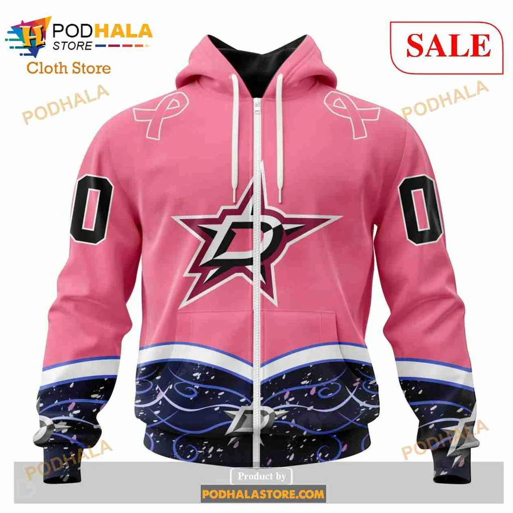 Pink Dallas Stars Cancer Awareness Hoodie With Wave Design And Ribbons - View 1 Pink Dallas Stars Cancer Awareness Hoodie With Wave Design And Ribbons - View 1