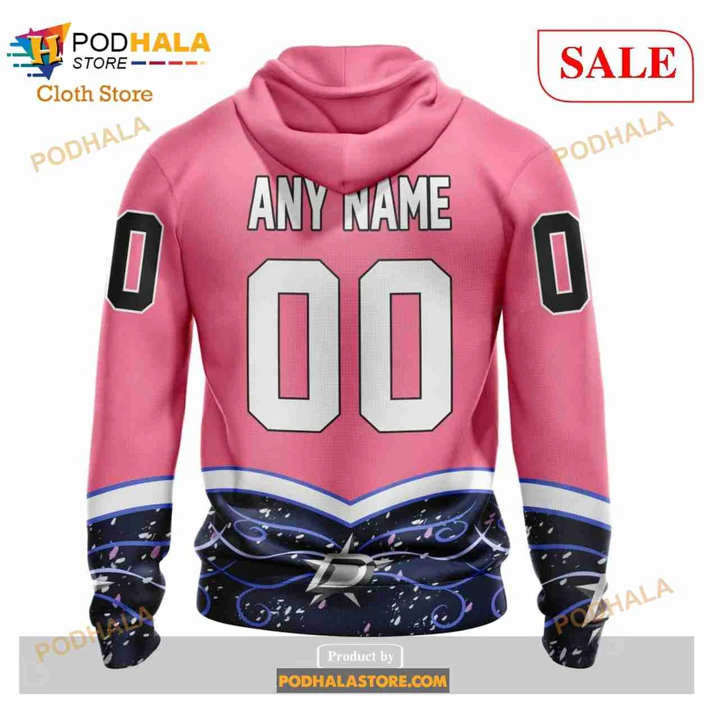 Pink Dallas Stars Cancer Awareness Hoodie With Wave Design And Ribbons - View 2 Pink Dallas Stars Cancer Awareness Hoodie With Wave Design And Ribbons - View 2