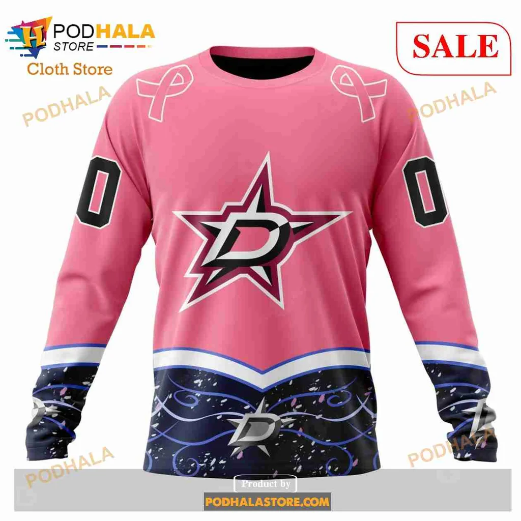 Pink Dallas Stars Cancer Awareness Hoodie With Wave Design And Ribbons - View 3 Pink Dallas Stars Cancer Awareness Hoodie With Wave Design And Ribbons - View 3