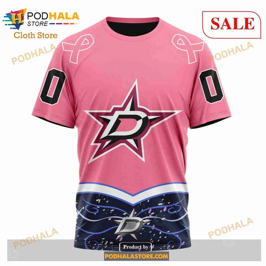 Pink Dallas Stars Cancer Awareness Hoodie With Wave Design And Ribbons - Product View 6 Pink Dallas Stars Cancer Awareness Hoodie With Wave Design And Ribbons - Product View 6