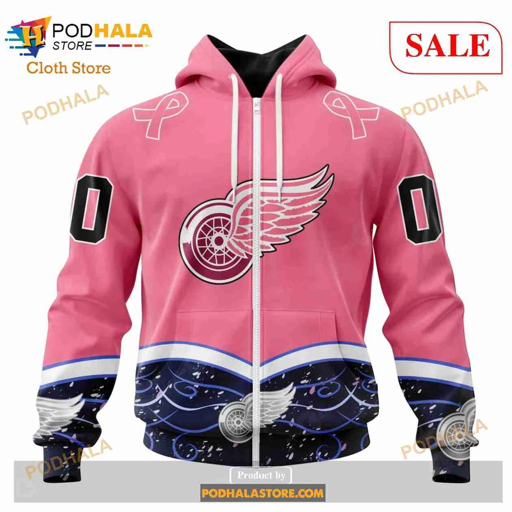 Pink Detroit Red Wings All Over Print Hoodie With Cancer Awareness Design Pink Detroit Red Wings All Over Print Hoodie With Cancer Awareness Design