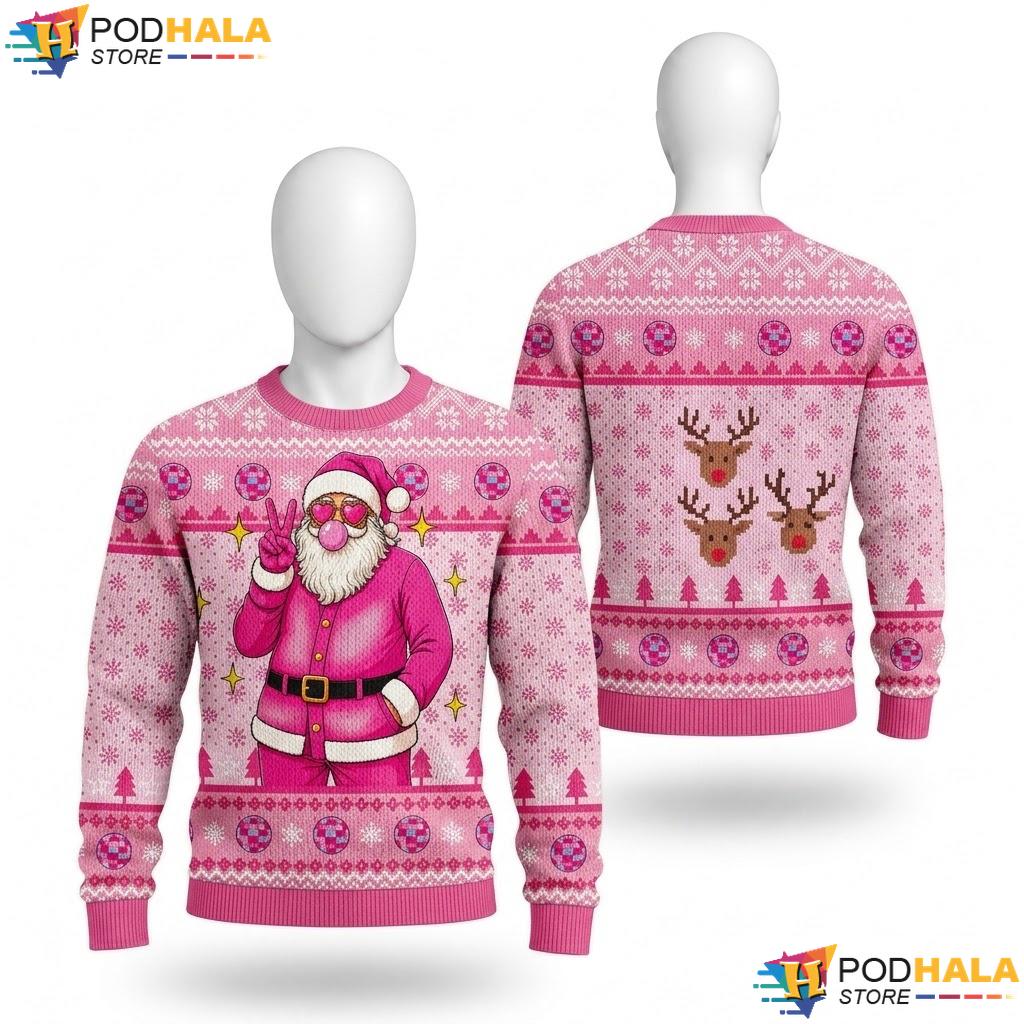 Pink Disco Santa Funny Ugly Sweater Cheerful Candy Cane Holiday Apparel
