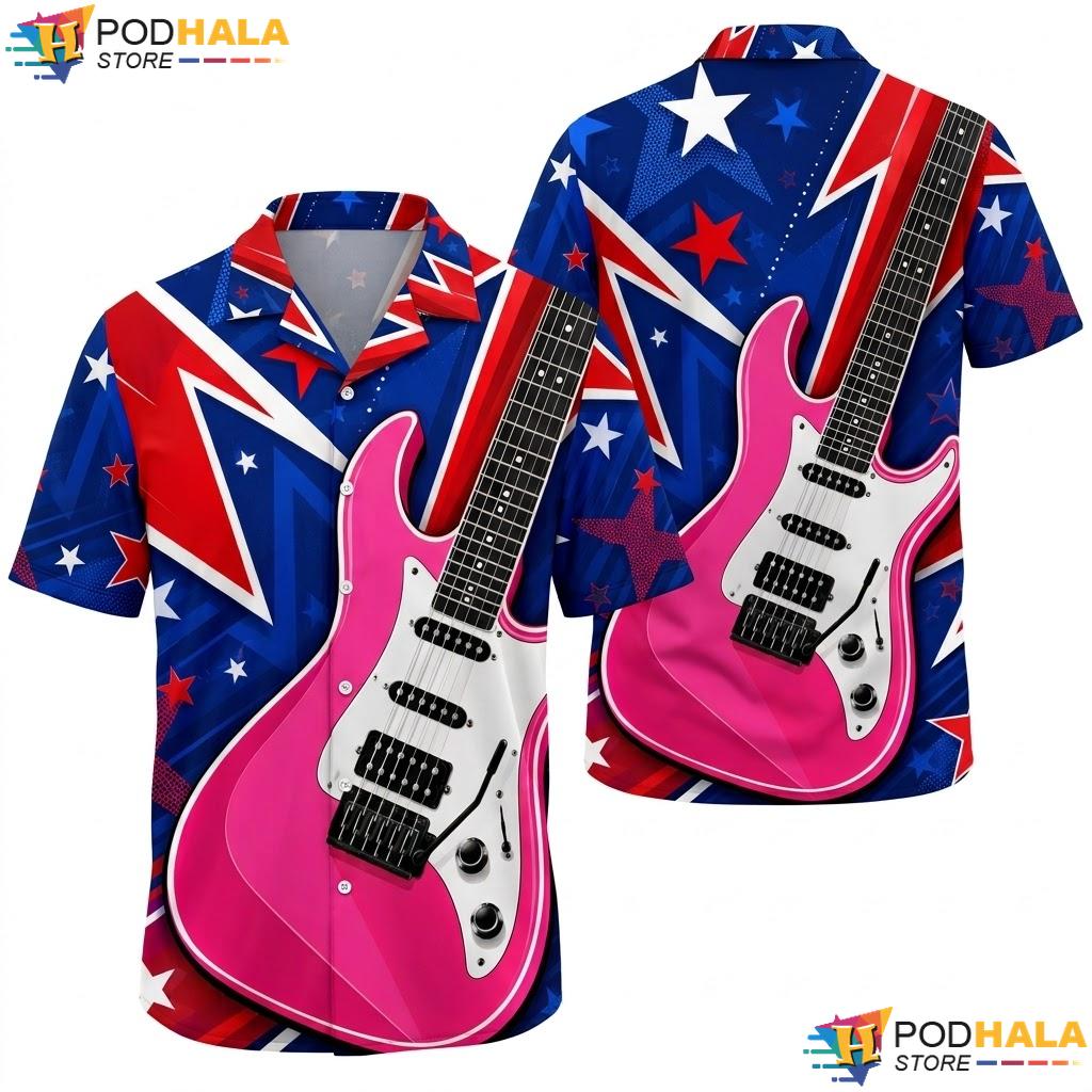 Pink Electric Guitar Hawaiian Shirt Vibrant Music Lover Summer Apparel