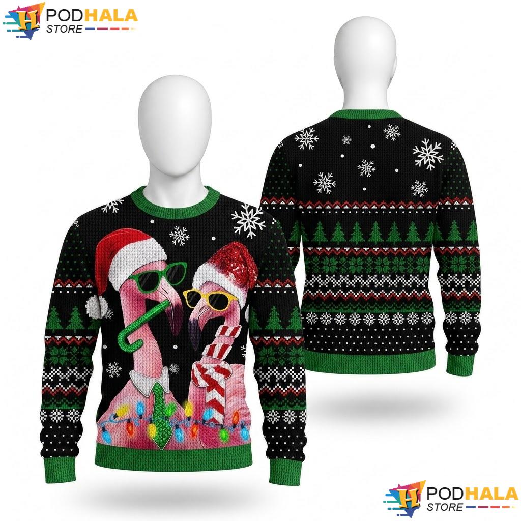 Pink Flamingo Funny Festive Ugly Sweater Christmas Cartoon Mens Apparel