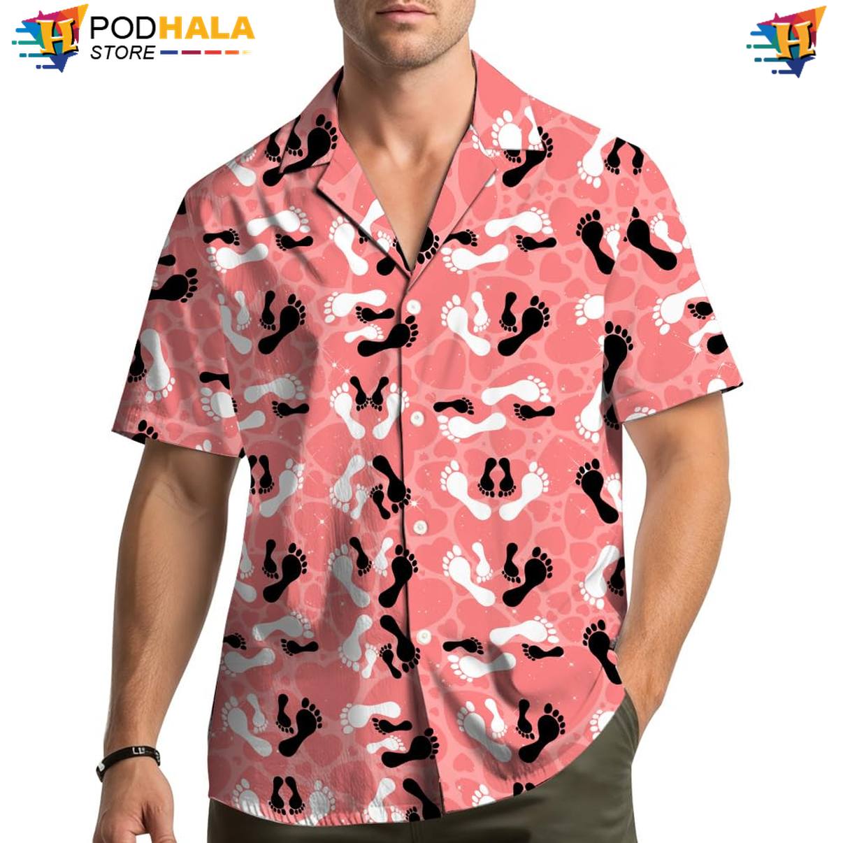 Pink Footprint Hawaiian Shirt Mens Short Sleeve Casual Summer Beach Top