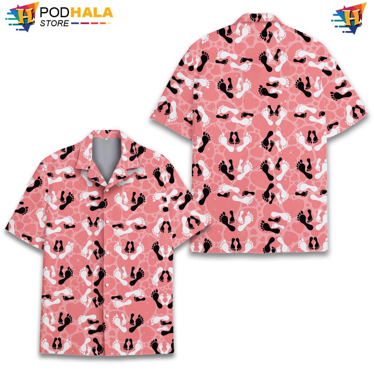 Pink Footprint Aloha Shirt Mens Short Sleeve Casual Summer Beach Top Pink Footprint Aloha Shirt Mens Short Sleeve Casual Summer Beach Top