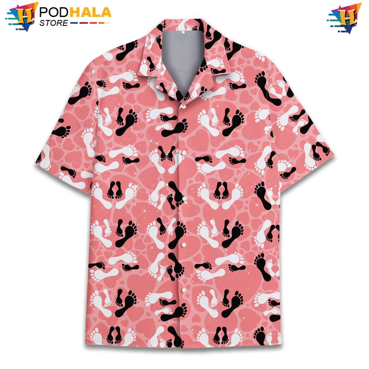 Pink Footprint Tropical Shirt Mens Short Sleeve Casual Summer Beach Top Pink Footprint Tropical Shirt Mens Short Sleeve Casual Summer Beach Top