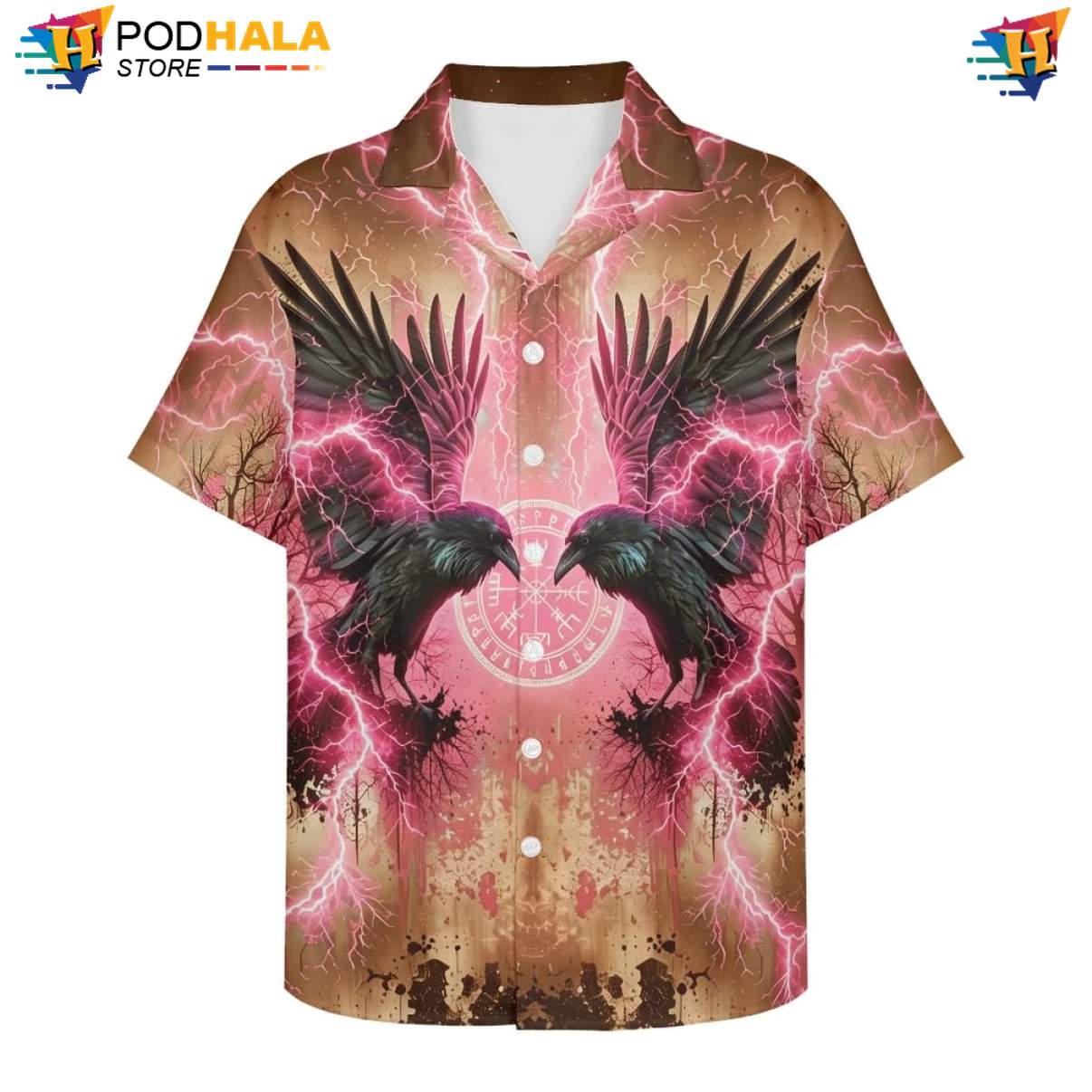 Pink Lightning Raven Aloha Shirt Mens Norse Mythology Graphic Beach Outfit