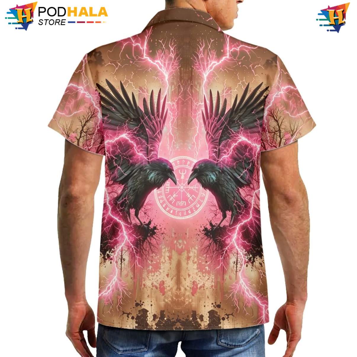 Pink Lightning Raven Tropical Shirt Mens Norse Mythology Graphic Beach Outfit Pink Lightning Raven Tropical Shirt Mens Norse Mythology Graphic Beach Outfit