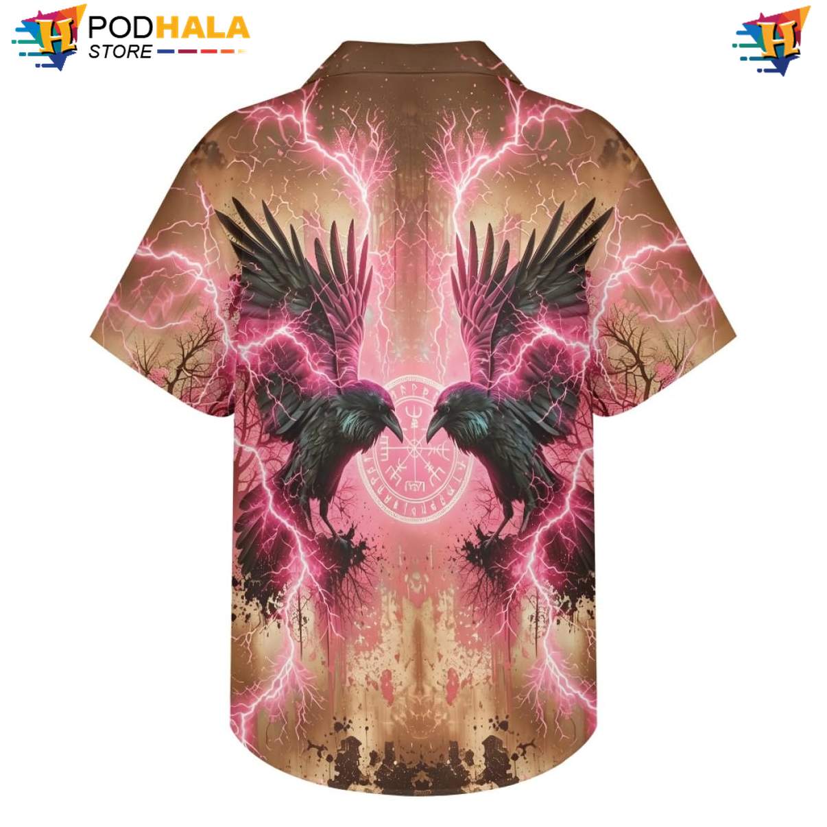Pink Lightning Raven Short-sleeve button-up shirt Mens Norse Mythology Graphic Beach Outfit Pink Lightning Raven Short-sleeve button-up shirt Mens Norse Mythology Graphic Beach Outfit
