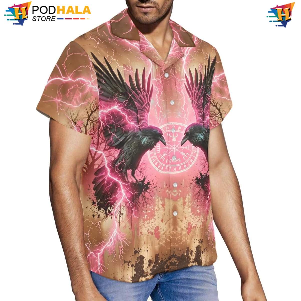 Pink Lightning Raven Tropical Shirt Mens Norse Mythology Graphic Beach Outfit Pink Lightning Raven Tropical Shirt Mens Norse Mythology Graphic Beach Outfit