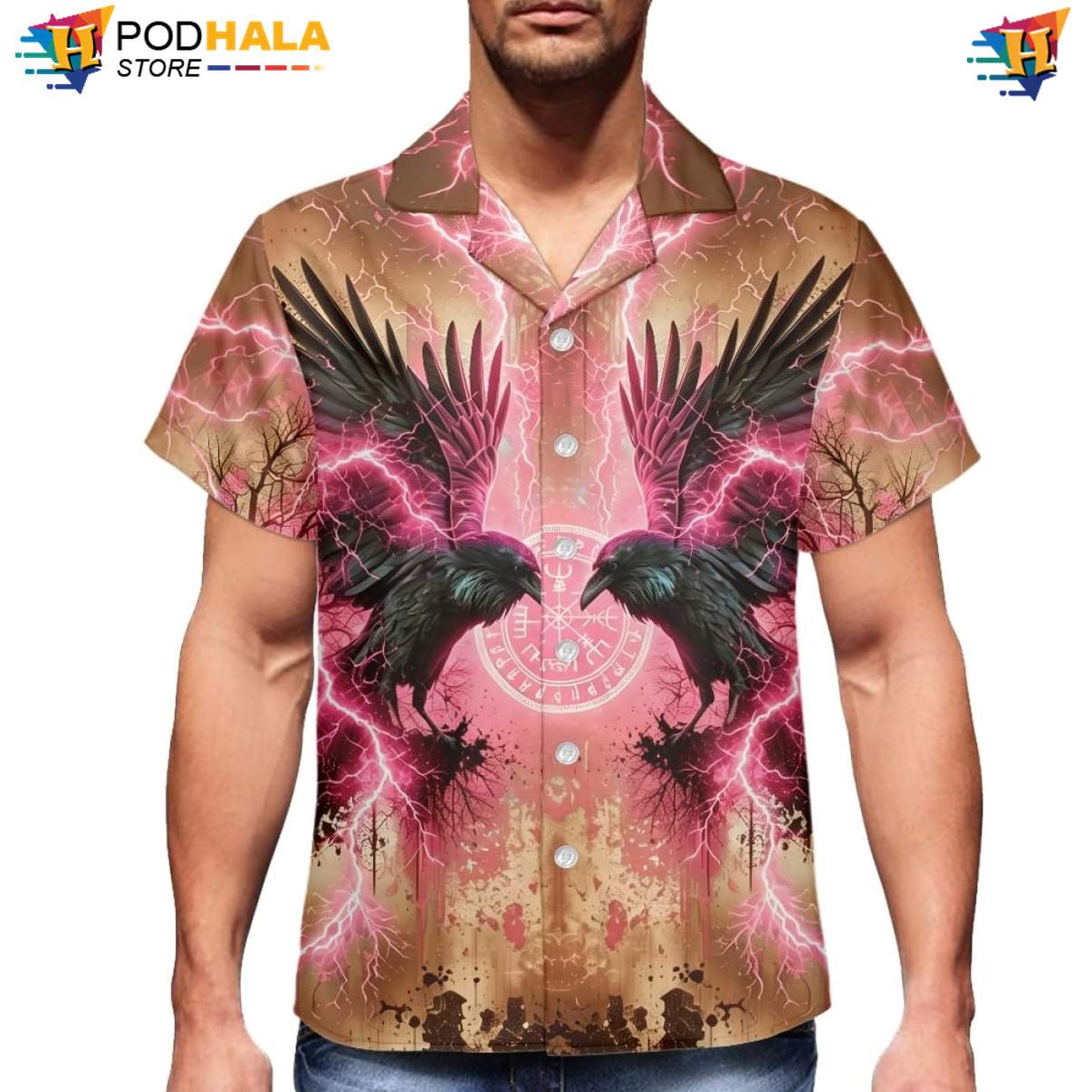 Pink Lightning Raven Short-sleeve button-up shirt Mens Norse Mythology Graphic Beach Outfit Pink Lightning Raven Short-sleeve button-up shirt Mens Norse Mythology Graphic Beach Outfit