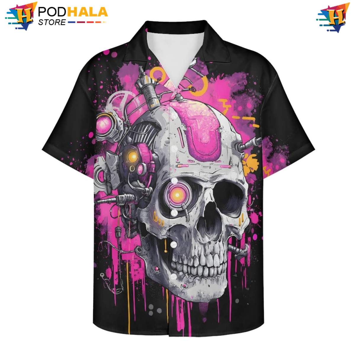 Pink Mechanical Skull Hawaiian Shirt Mens Floral Beach Button Down Clothing