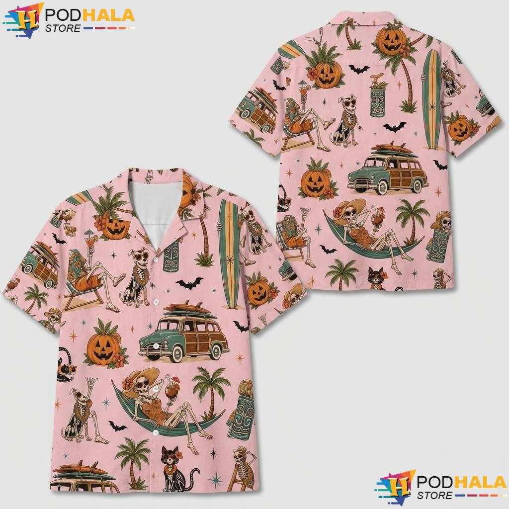 Pink Summerween Halloween Hawaiian Shirt Tropical Skeleton Button Up