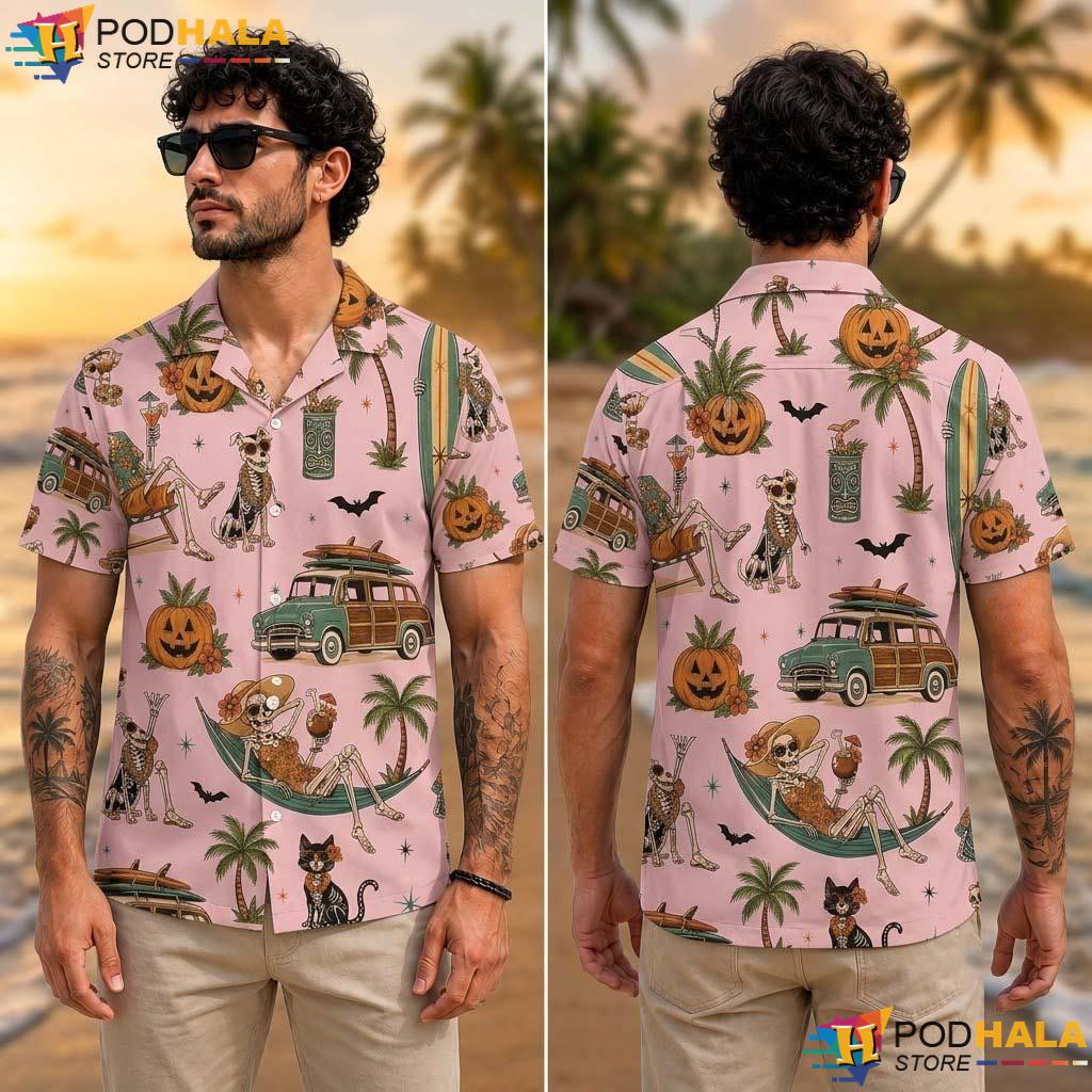 Pink Summerween Halloween Aloha Shirt Tropical Skeleton Button Up Pink Summerween Halloween Aloha Shirt Tropical Skeleton Button Up