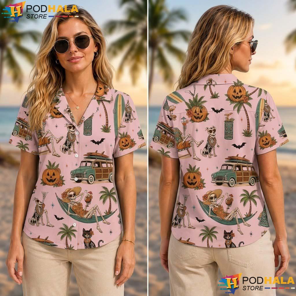 Pink Summerween Halloween Tropical Shirt Tropical Skeleton Button Up Pink Summerween Halloween Tropical Shirt Tropical Skeleton Button Up