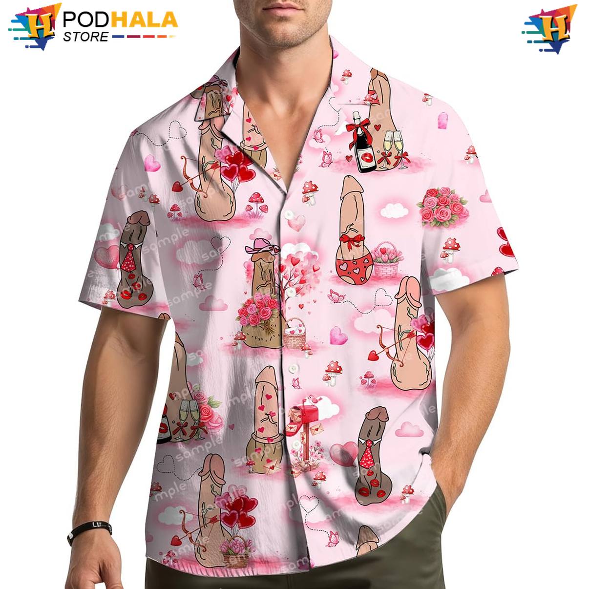 Pink Valentine Aloha Shirt Mens Short Sleeve Button Down Beachwear Top