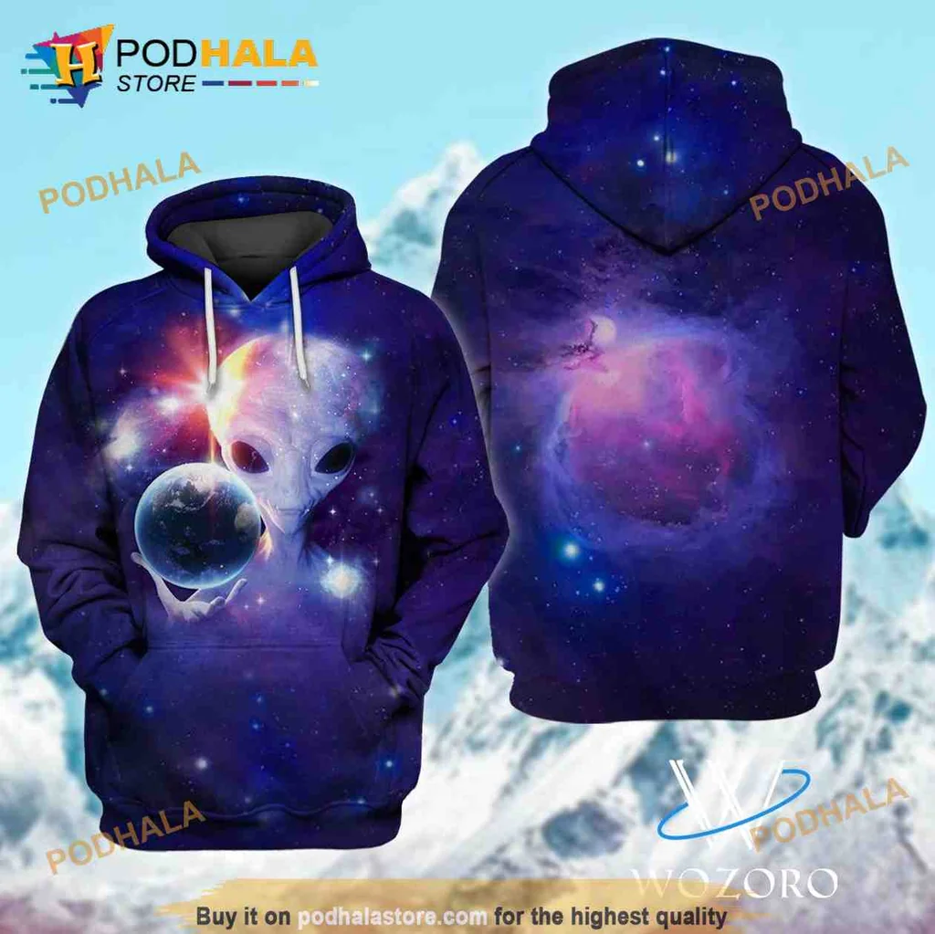 Playful Alien Galaxy 3d Hoodie With Surreal Cosmic Design