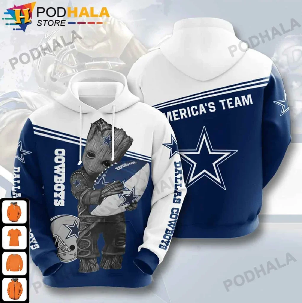 Playful Baby Groot Dallas Cowboys 3d Hoodie Featuring Americas Team Design
