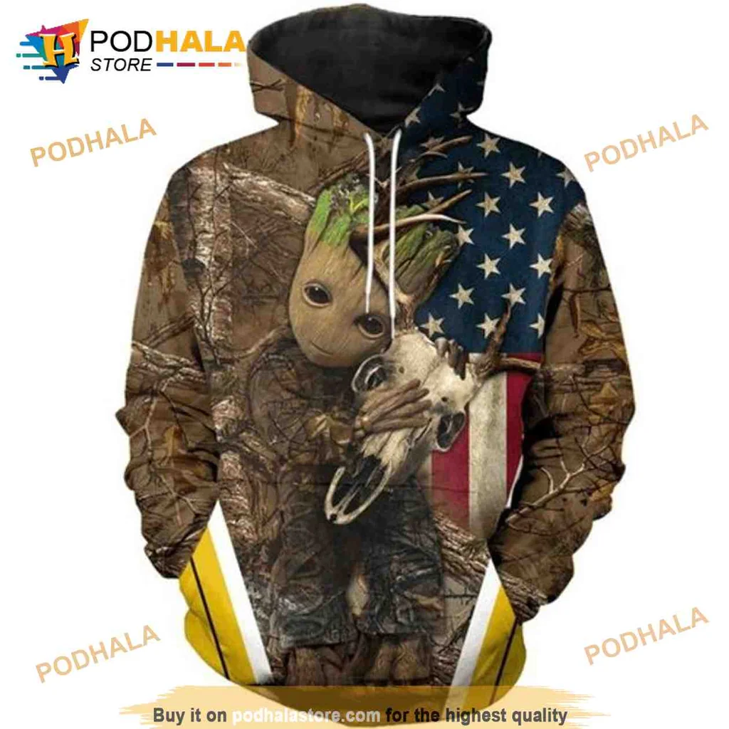 Playful Baby Groot Hunting 3d Hoodie With Deer Skull And American Flag