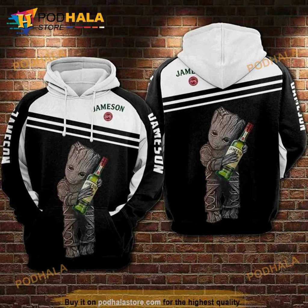 Playful Baby Groot Jameson 3d Hoodie, Cute Cartoon Design With Whiskey Bottle