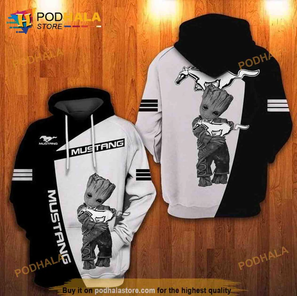 Playful Baby Groot Mechanic 3d Hoodie With Mustang Graphic Design