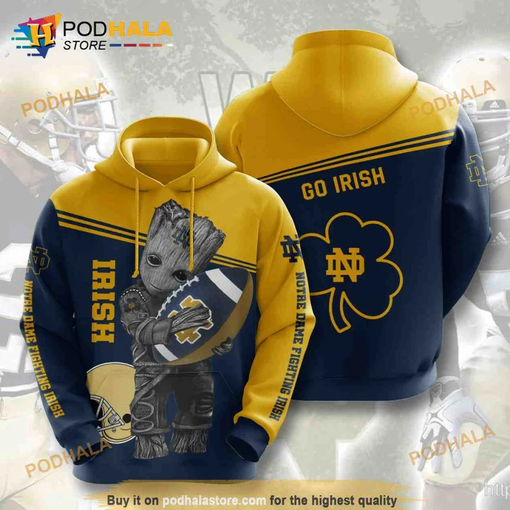 Playful Baby Groot Notre Dame 3d Hoodie, Go Irish Football Design