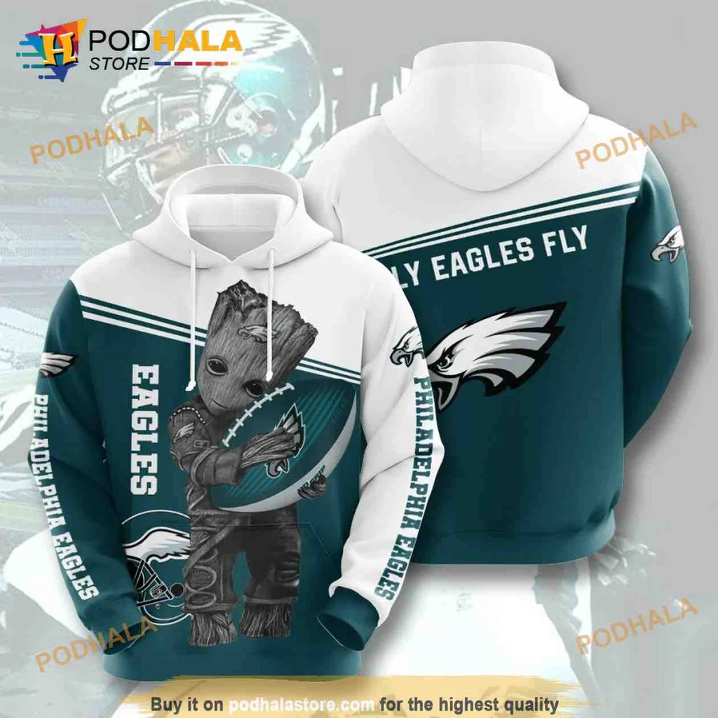 Playful Baby Groot Philadelphia Eagles 3d Hoodie With Football Design