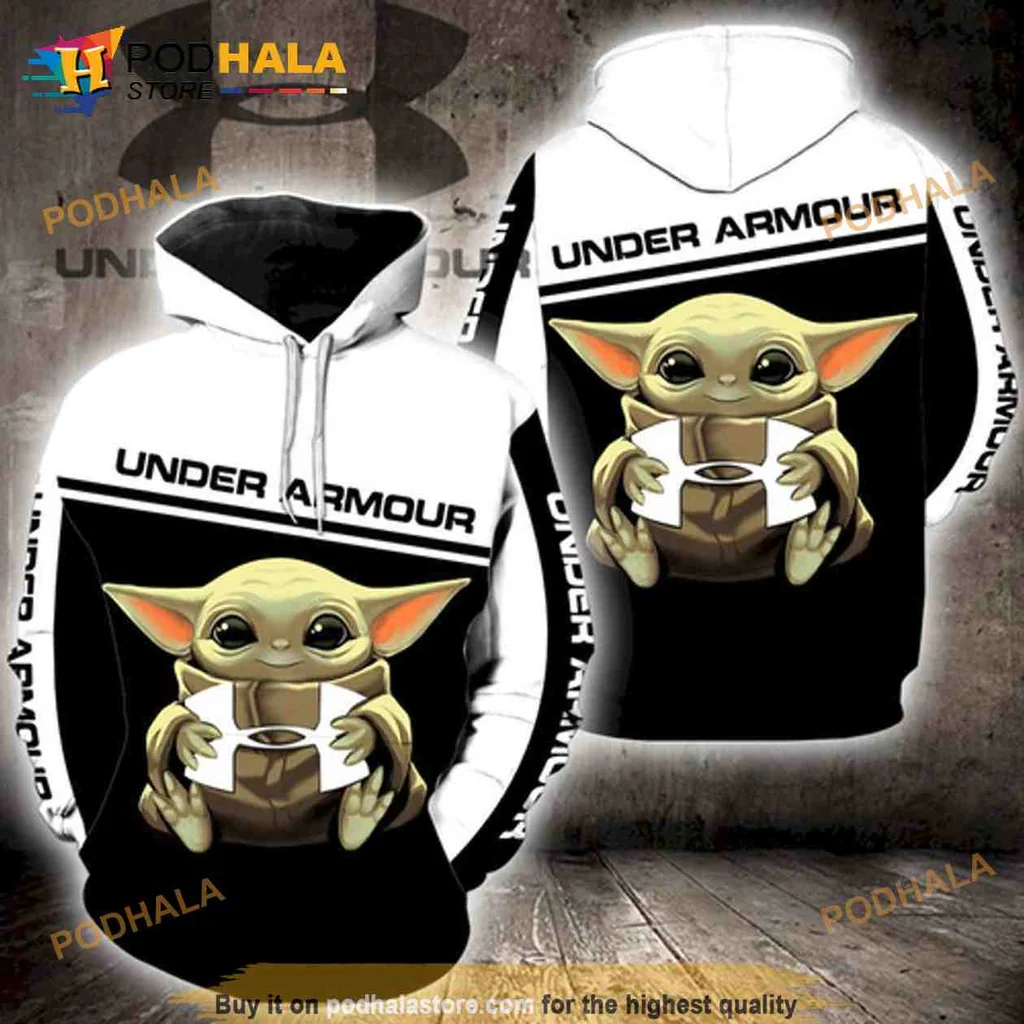 Playful Baby Yoda 3d Hoodie Featuring Cute Character Design And Under Armour Branding