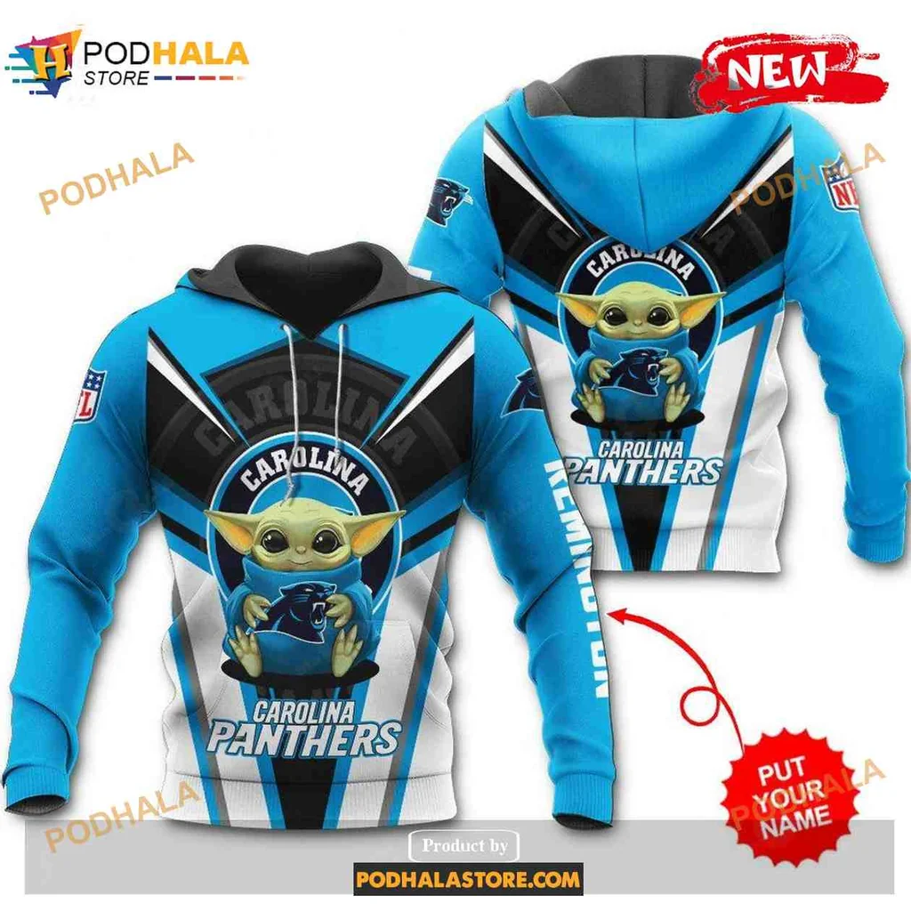 Playful Baby Yoda Carolina Panthers 3d Hoodie With Team Colors And Logo