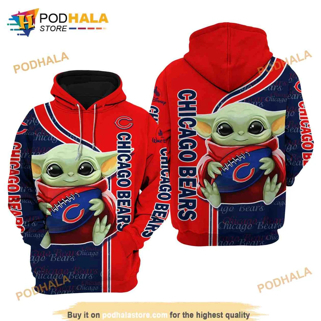 Playful Baby Yoda Chicago Bears 3d Hoodie, Cartoon Graphic For Fans