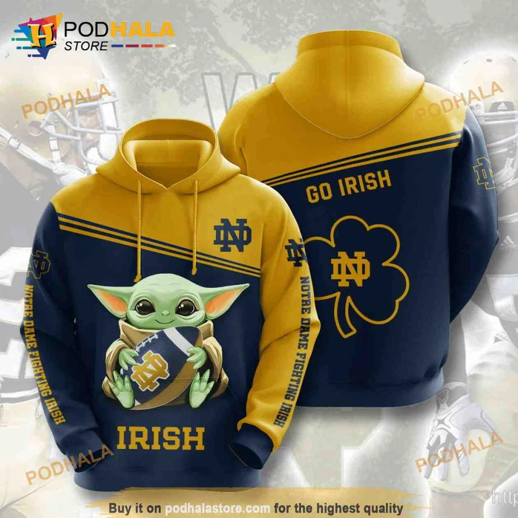 Playful Baby Yoda Fighting Irish 3d Hoodie With Go Irish Graphic