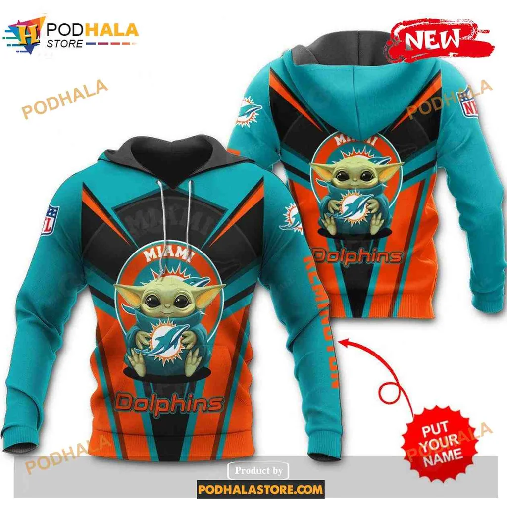 Playful Baby Yoda Miami Dolphins 3d Hoodie With Vibrant Team Colors