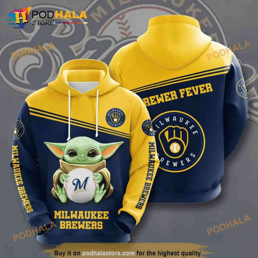 Playful Baby Yoda Milwaukee Brewers 3d Hoodie With Brewer Fever Design